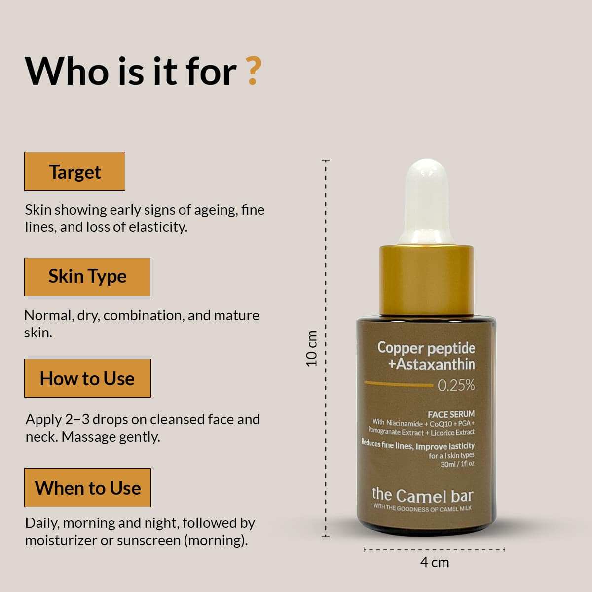 Camel Milk Anti-Ageing Glow Serum with  Copper Peptides + Astaxanthin 0.25%