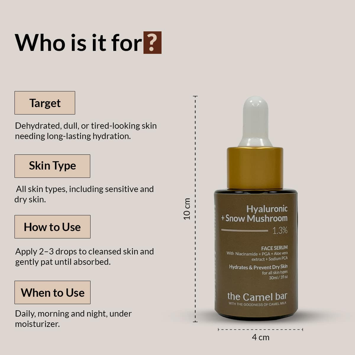 Camel Milk Hydrating Serum For Dry Skin with Hyaluronic Acid + Snow Mushroom 1.3%