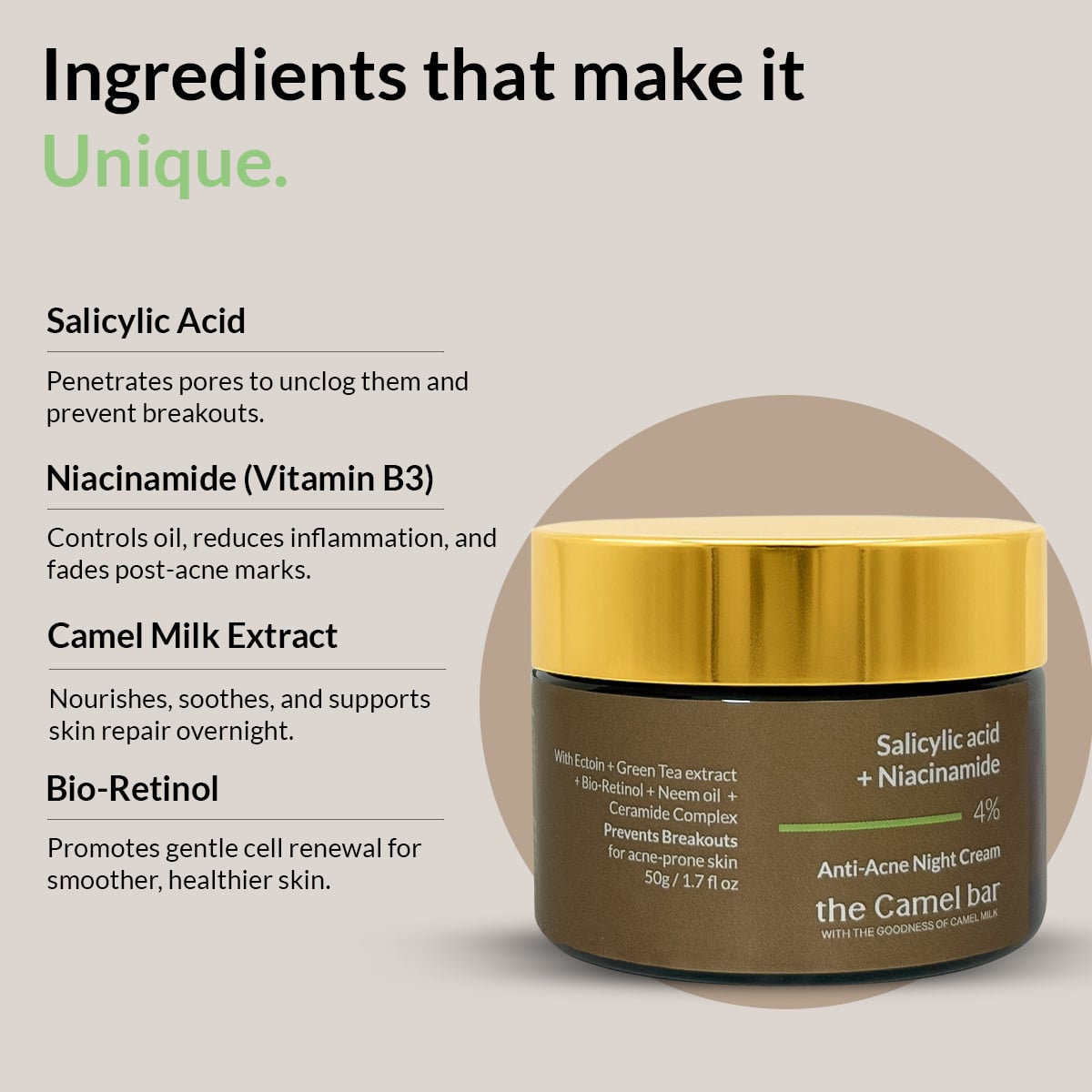 Camel Milk Anti-Acne Night Cream with Salicyclic acid + Niacinamide 4%