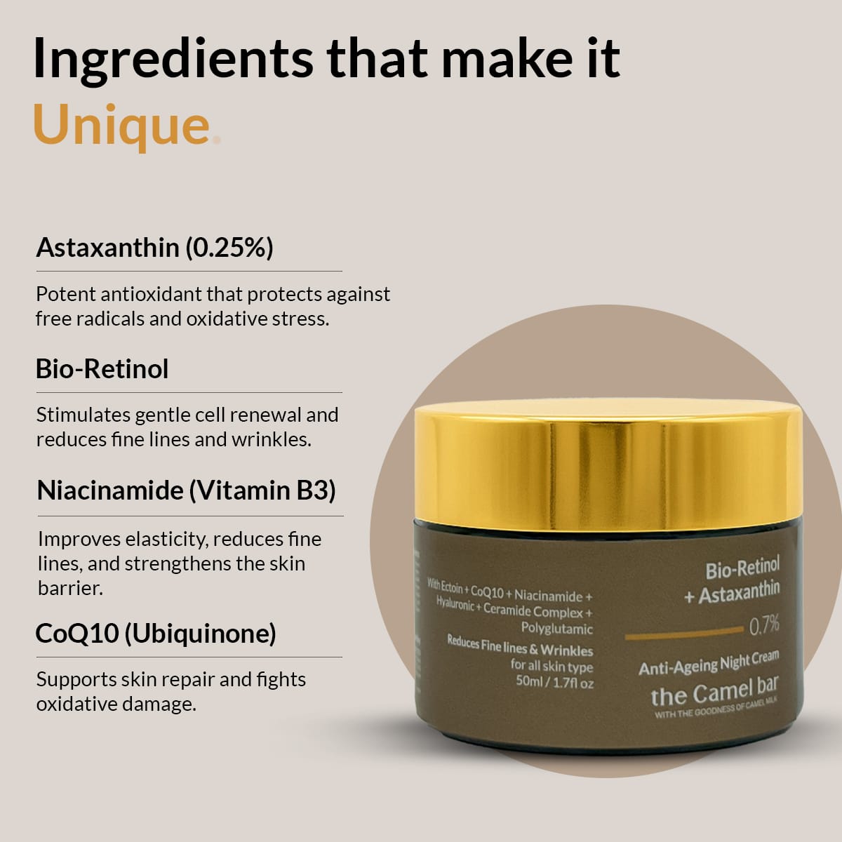 Camel Milk Anti Ageing  Glow Night Cream with Bio-Retinol &amp; Astaxanthin 0.7%