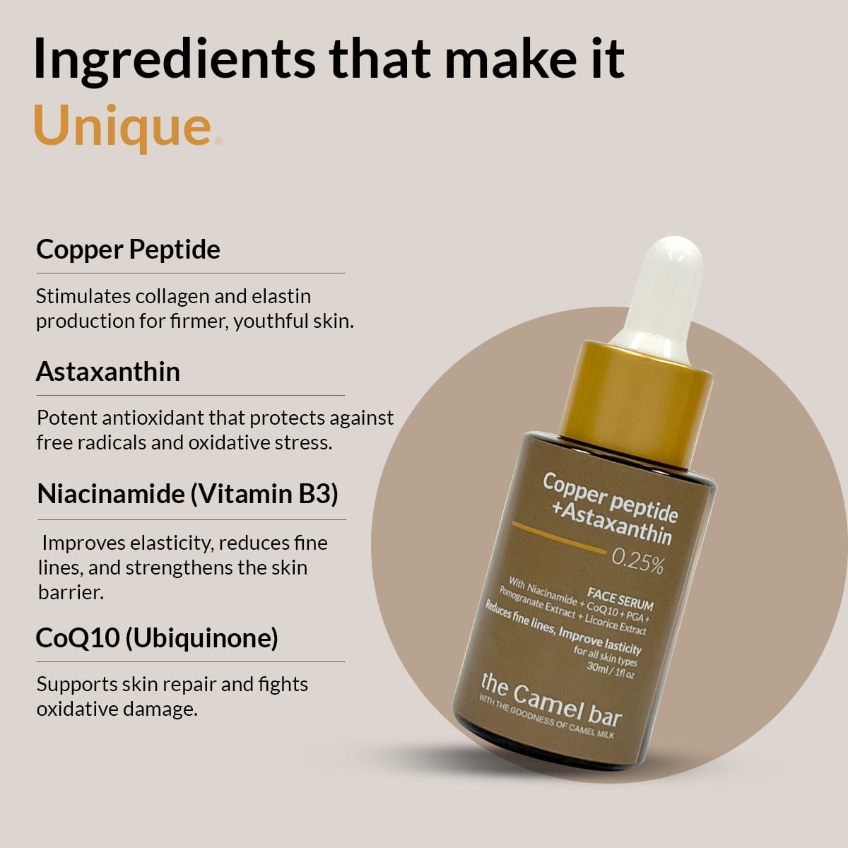 Camel Milk Anti-Ageing Glow Serum with  Copper Peptides + Astaxanthin 0.25%