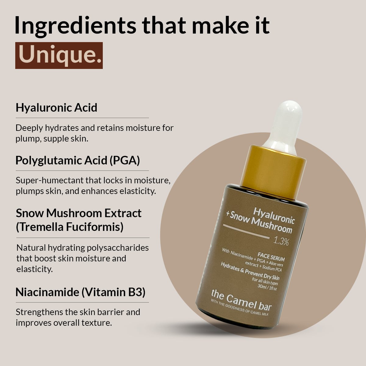 Camel Milk Hydrating Serum For Dry Skin with Hyaluronic Acid + Snow Mushroom 1.3%