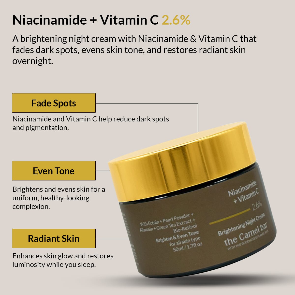 Camel Milk Skin Brightening Night Cream with Niacinamide &amp; Vitamin C -2.6%